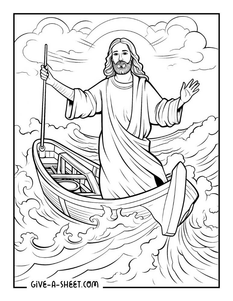 Jesus on the boat calming the storm coloring page.
