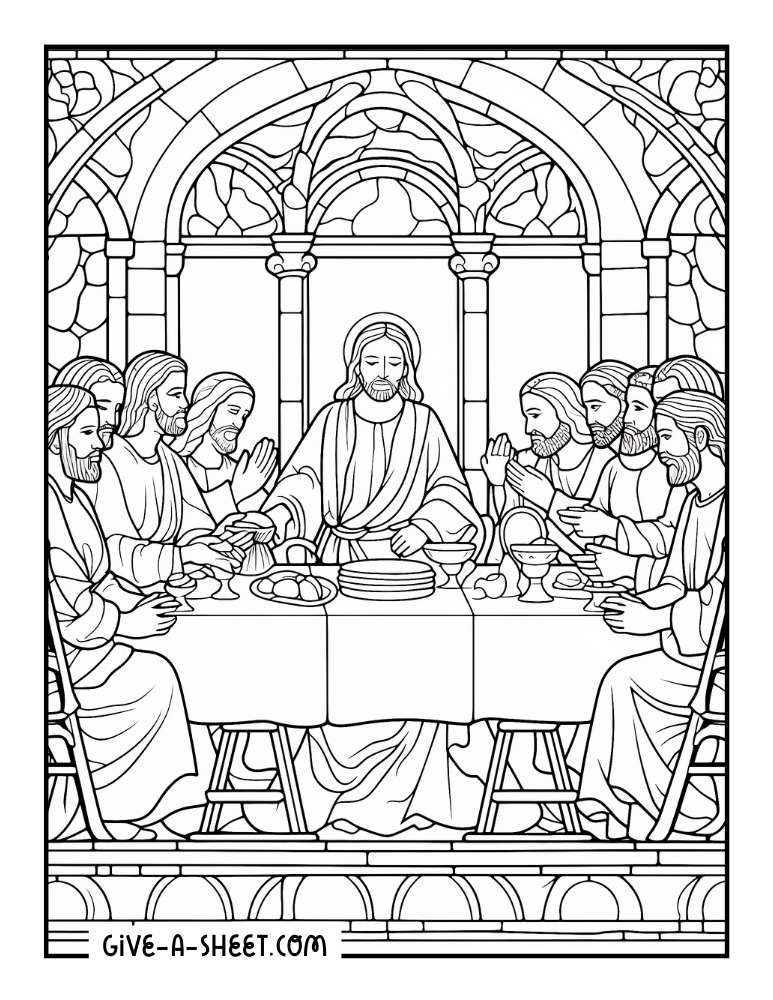 Coloring page of Jesus with his twelve disciples during the Last Supper.