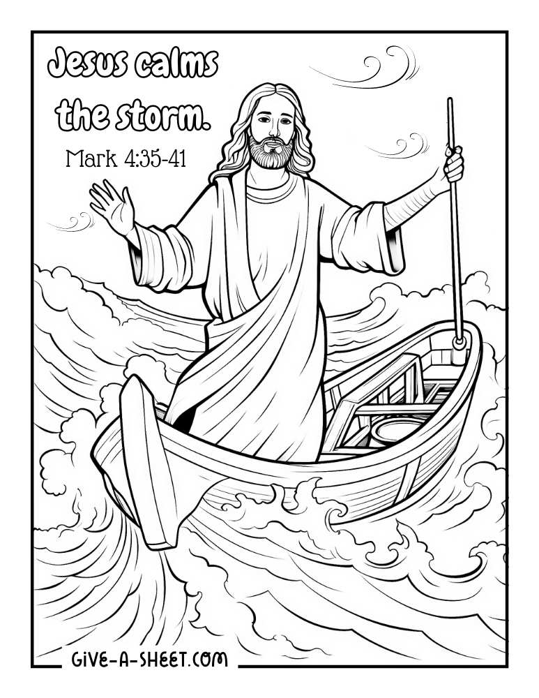 Jesus on a boat calms the storm coloring sheet.
