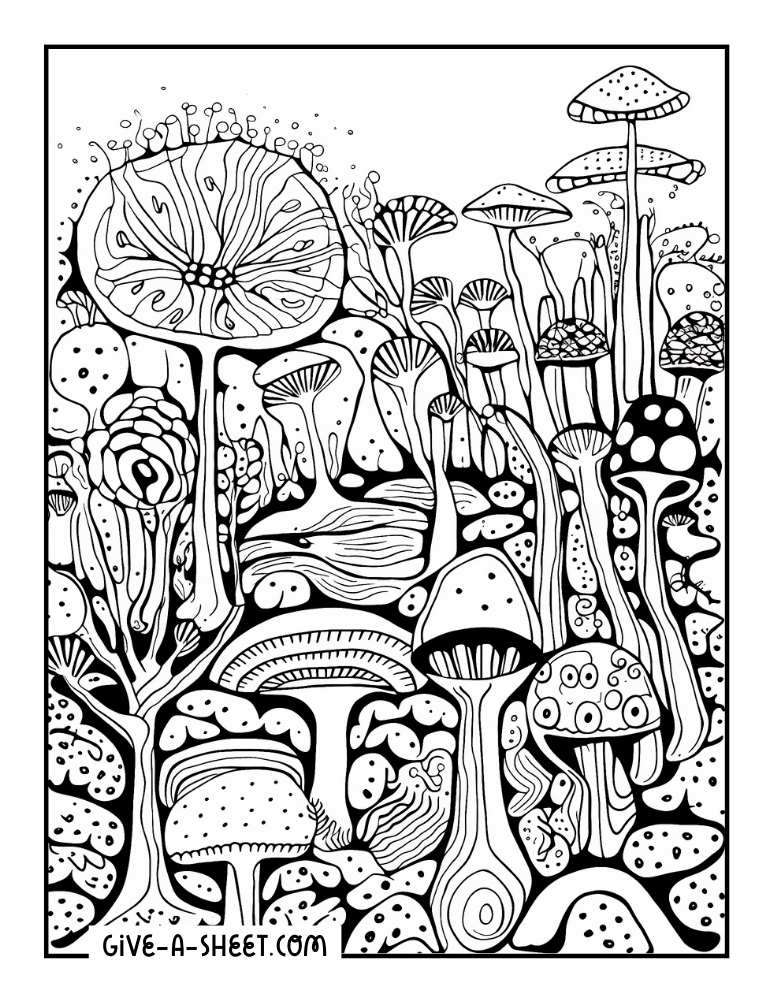 Mushroom forest free coloring page.
