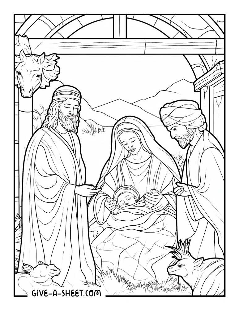 Nativity of Jesus on Christmas coloring page.