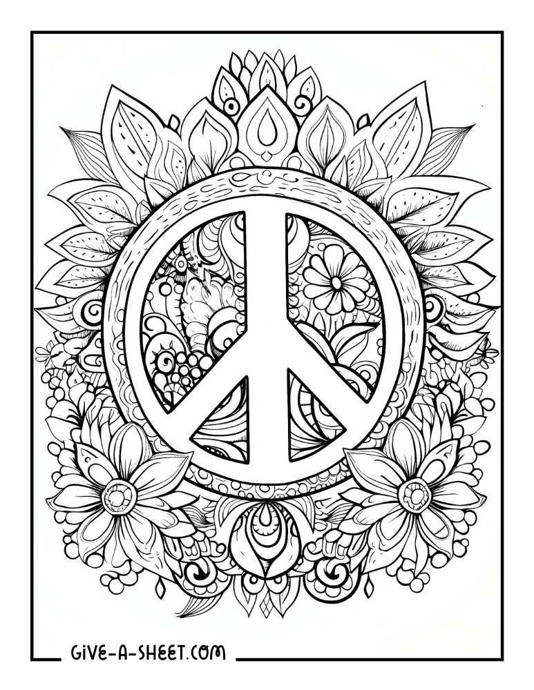Peace symbol Zen doodle coloring sheet.