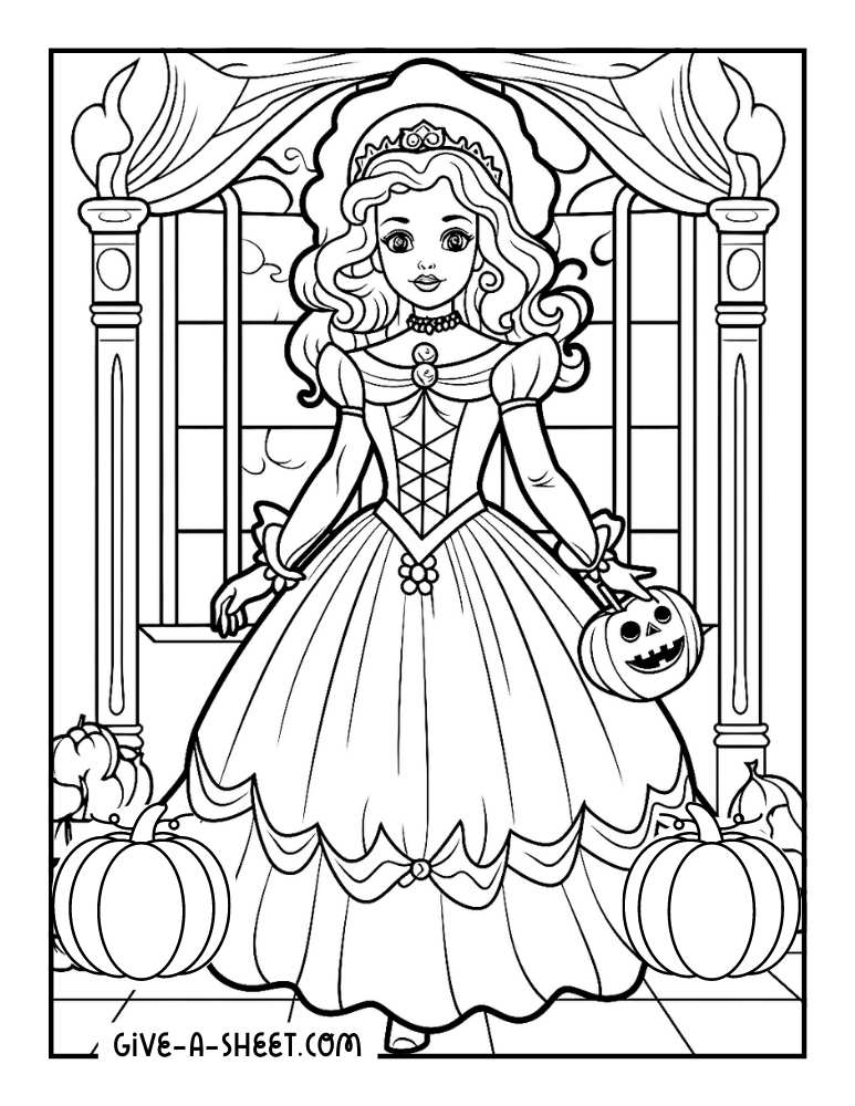 Princess on a castle halloween coloring page.