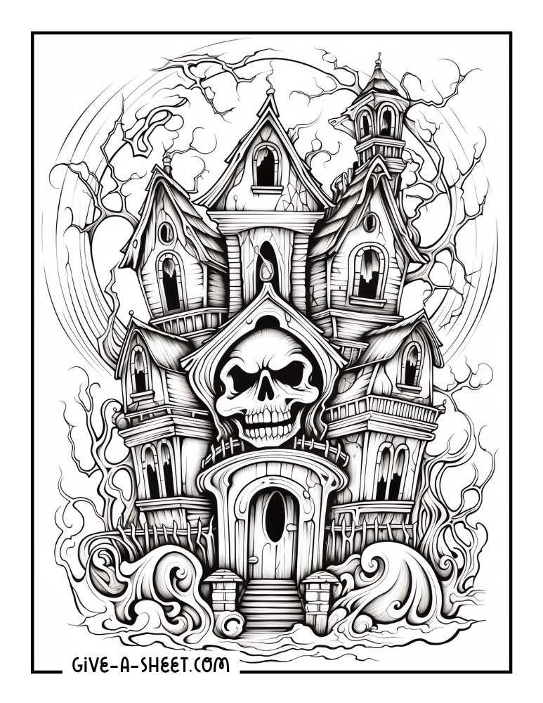 Haunted house halloween coloring page.