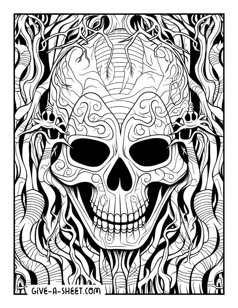 Creepy detailed skull to color in for adults.