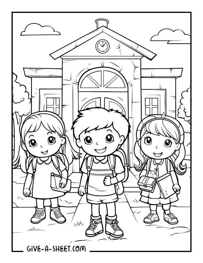 Kids first day of school coloring page.