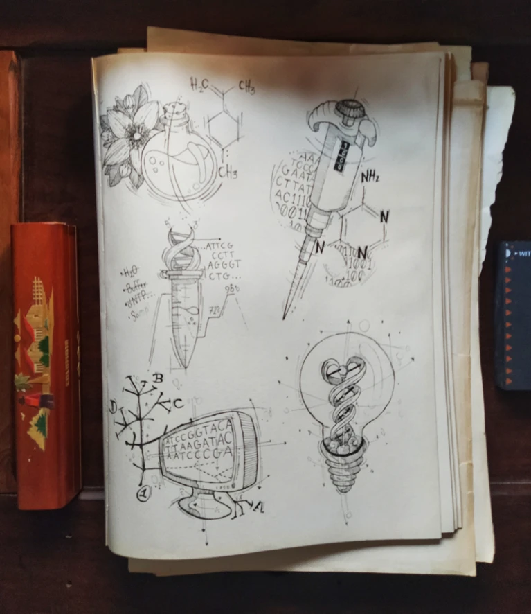 Five different sketches on a notebook.