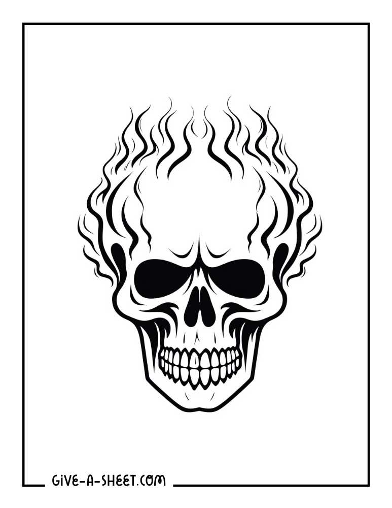 Simple skull on fire coloring page.