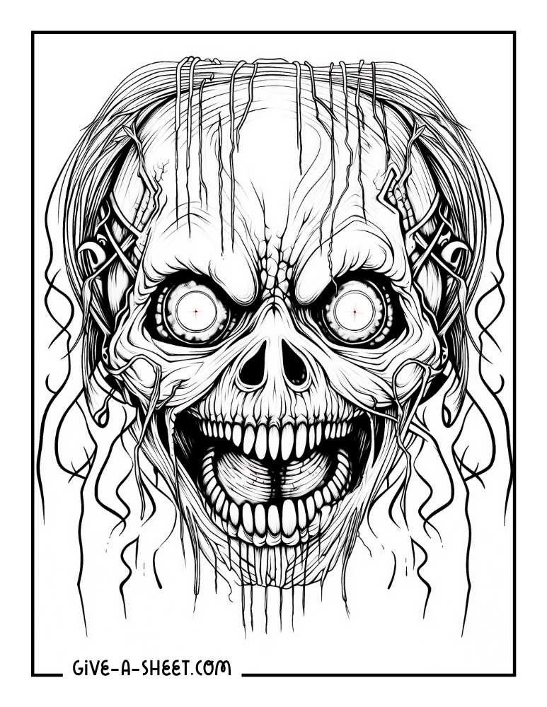 Spooky skull halloween coloring sheet for adults.