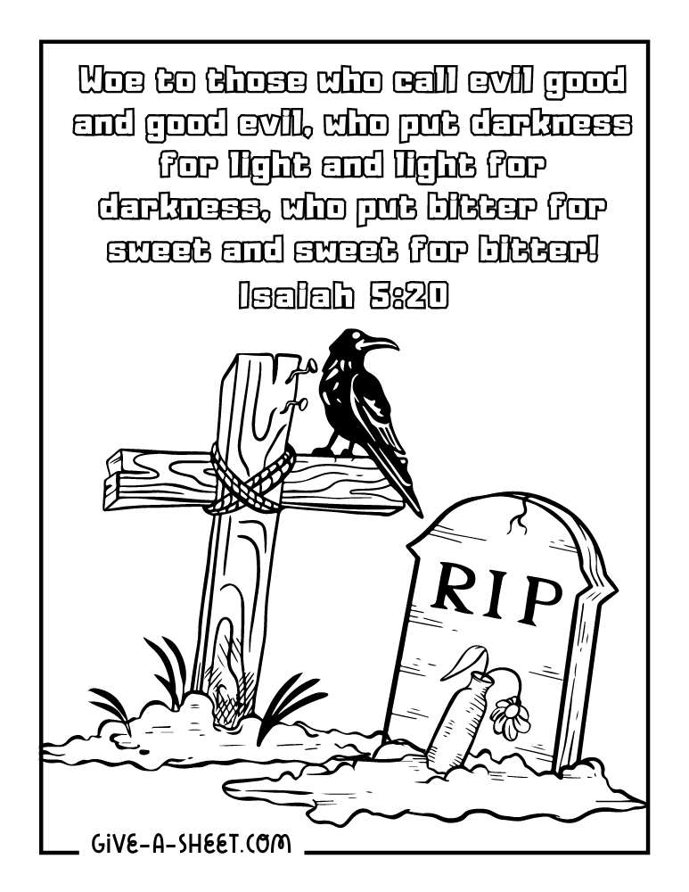 Tomb with crow and Christian scripture coloring sheet.