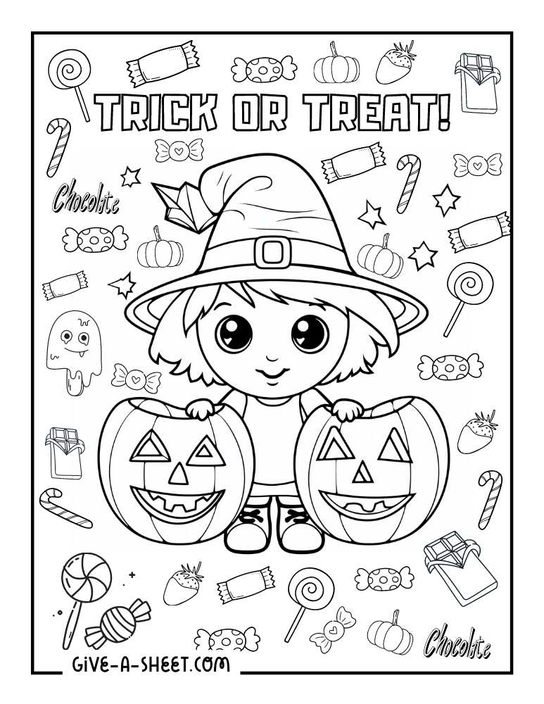 Cute kid trick or treating for Halloween coloring page.