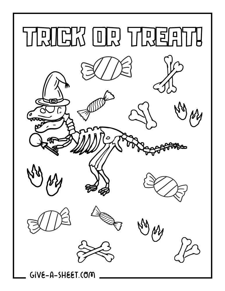 Dinosaur trick or treating candies coloring page.