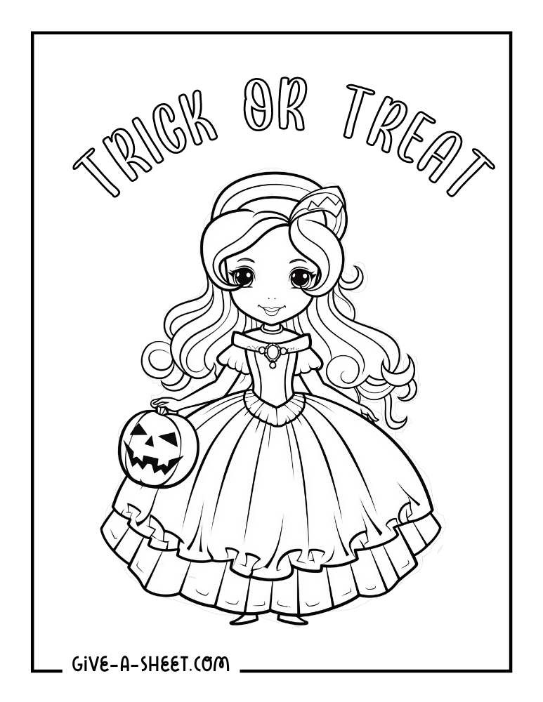 Easy princess halloween to color for kids.