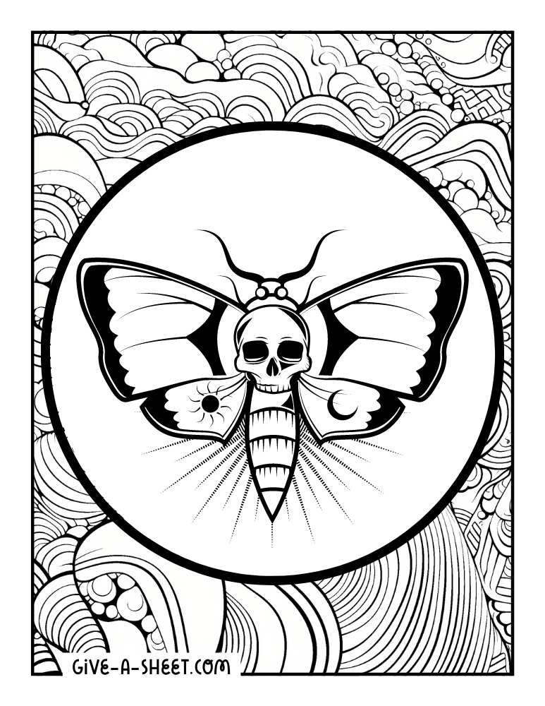 Psychedelic sugar skull moth coloring page.