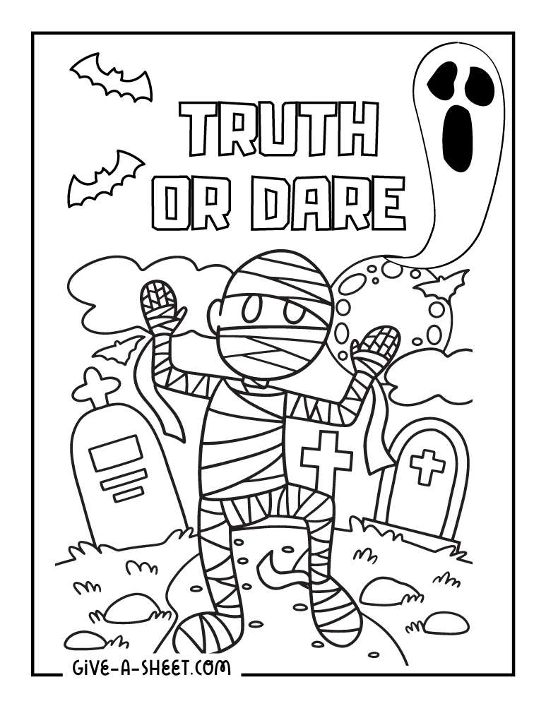 Mummy truth or dare halloween coloring page for kids.