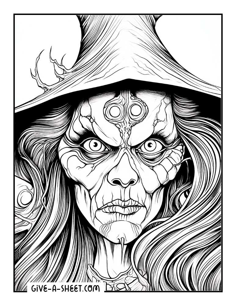 Scary looking witch halloween coloring page.