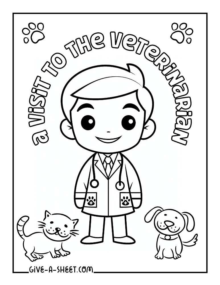A veterinarian, a dog and a cat coloring page.