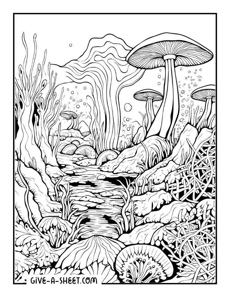 Whimsical mushroom coloring page for adults.