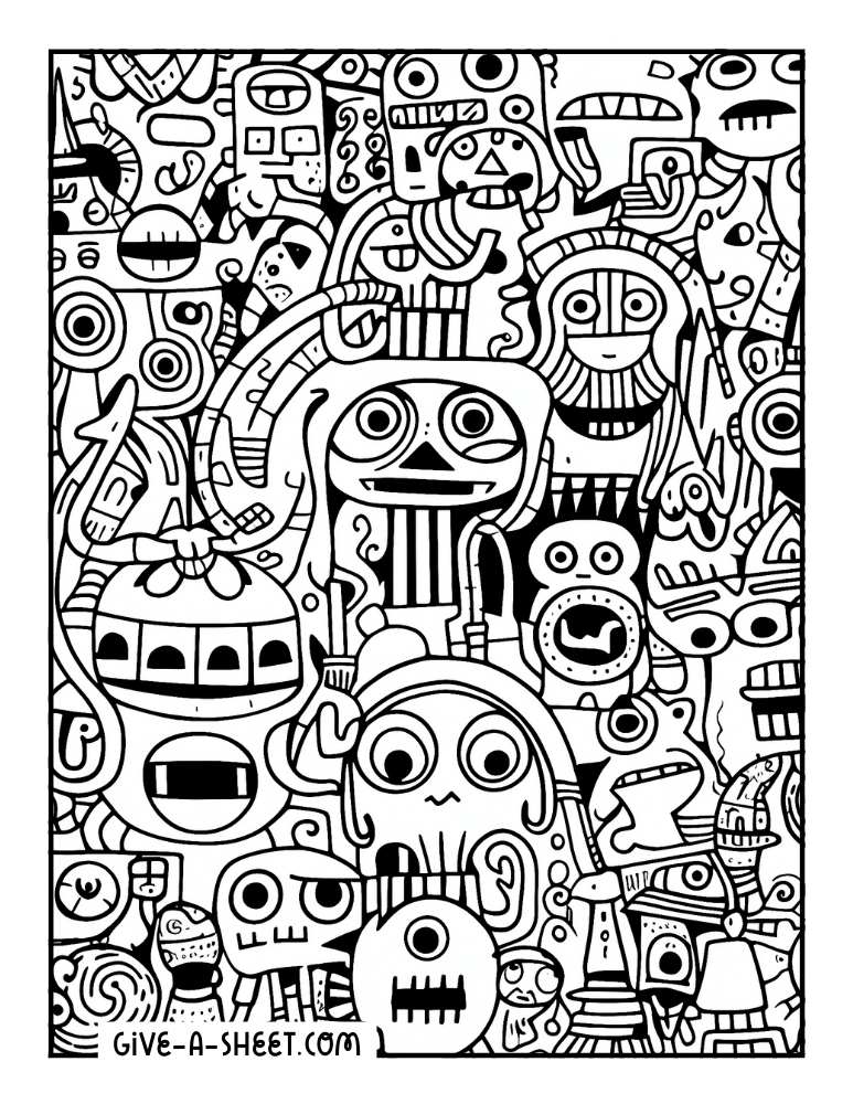 Doodle zombie halloween coloring sheet for adults.