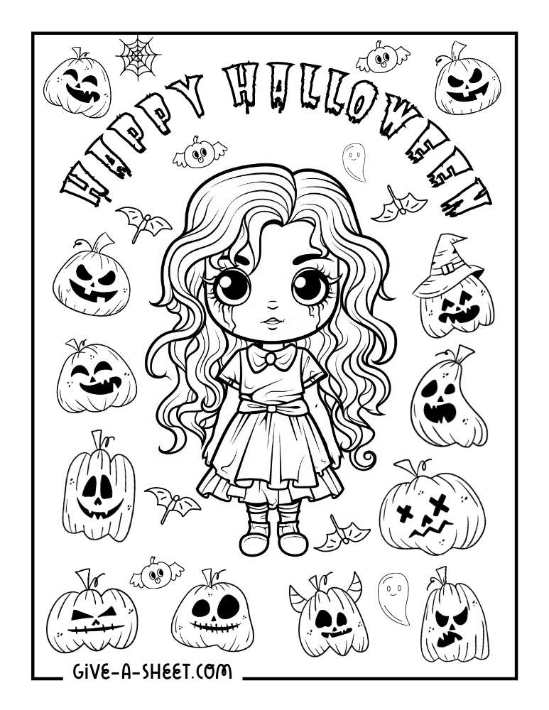 Cartoon zombie princess halloween to color in for kids.