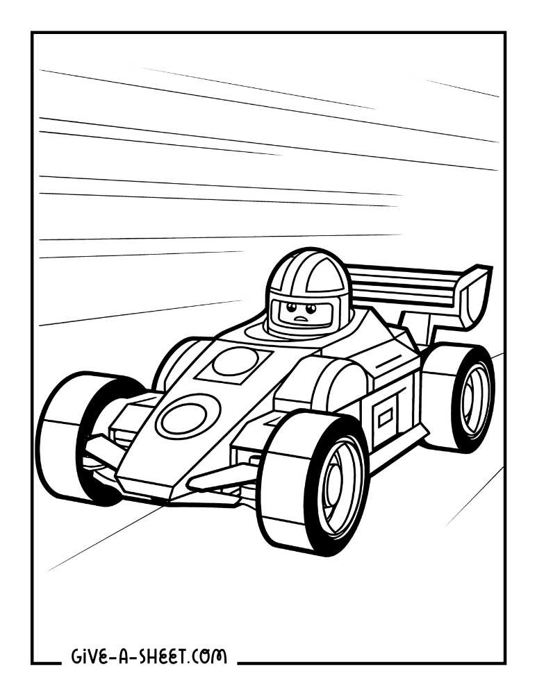 Formula Lego race car coloring sheet.