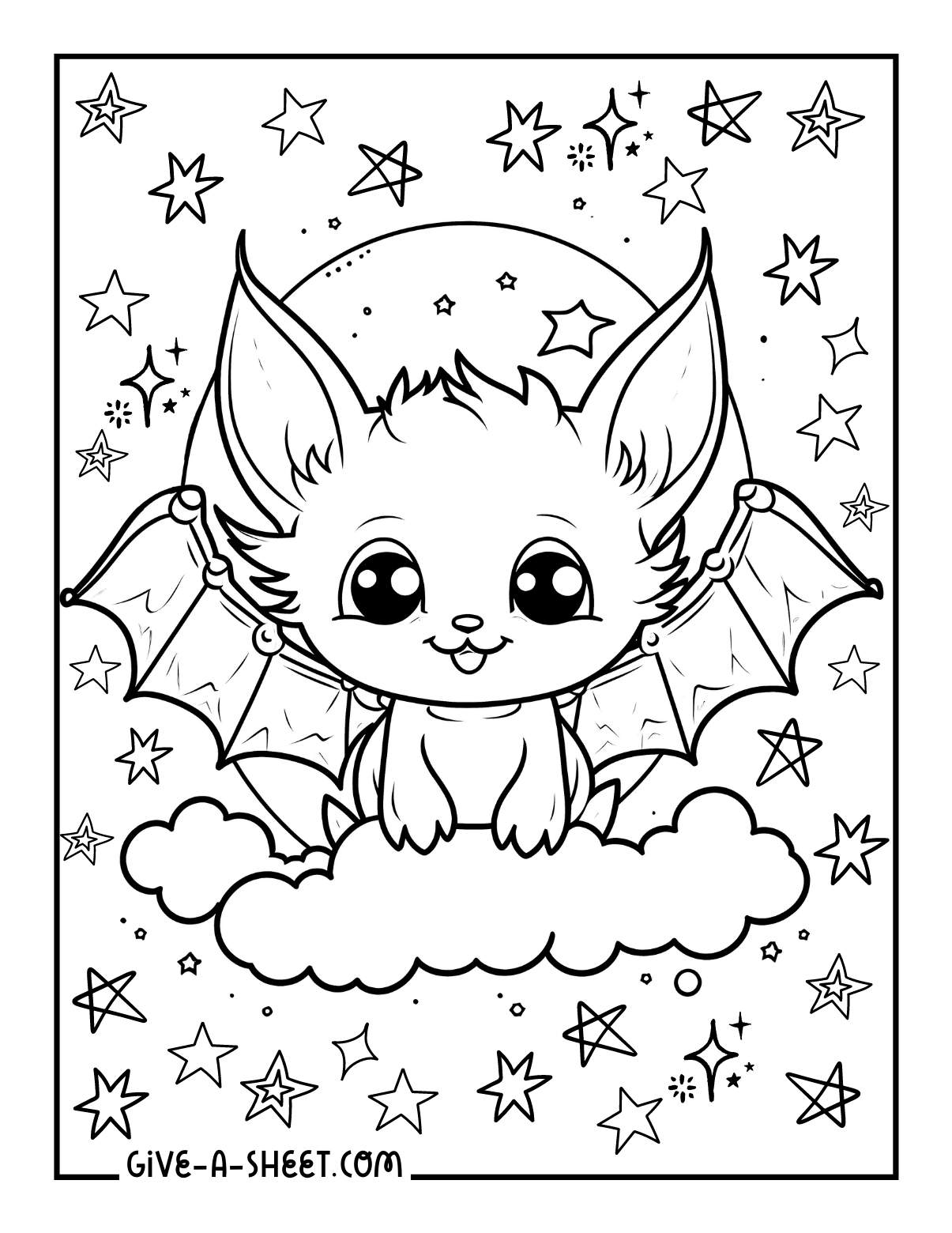Friendly bats on full moon to color for children of all ages.
