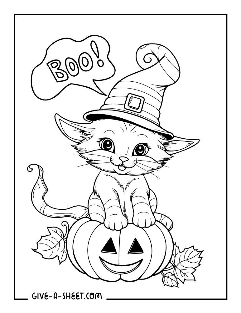 Cat on a pumpkin coloring page.