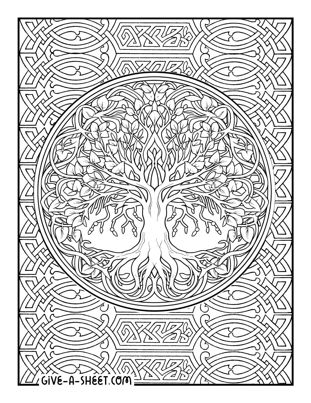 Celtic tree of life coloring page with intricate details.