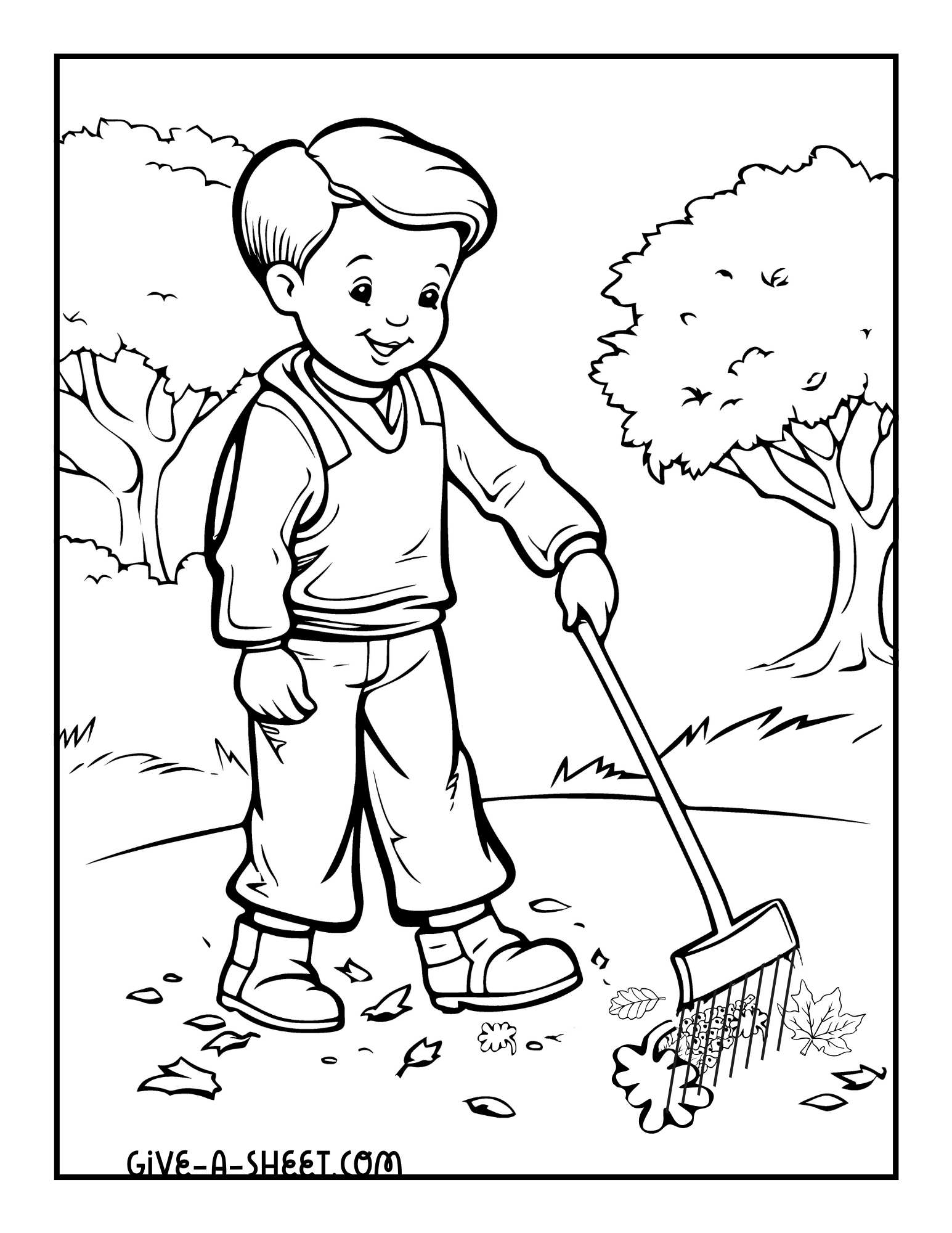 Child raking fall leaf coloring pages.