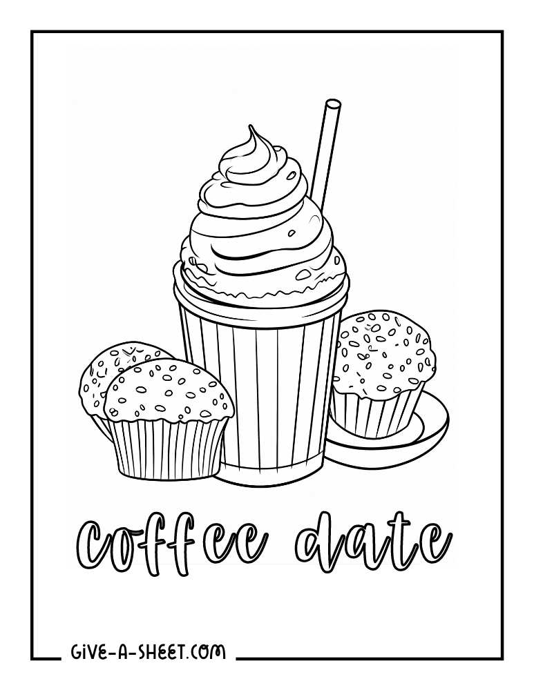 A Caramel Frappuccino with blueberry and morning muffins Starbucks coloring sheet.