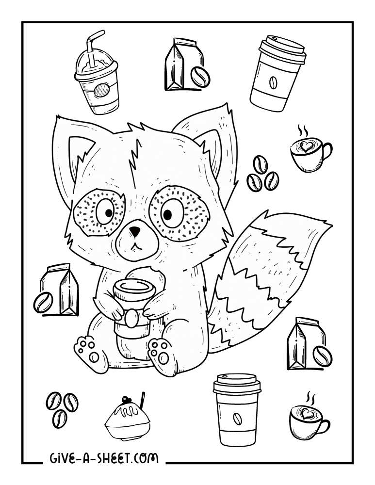Raccoon with different collection of coffee coloring pages.