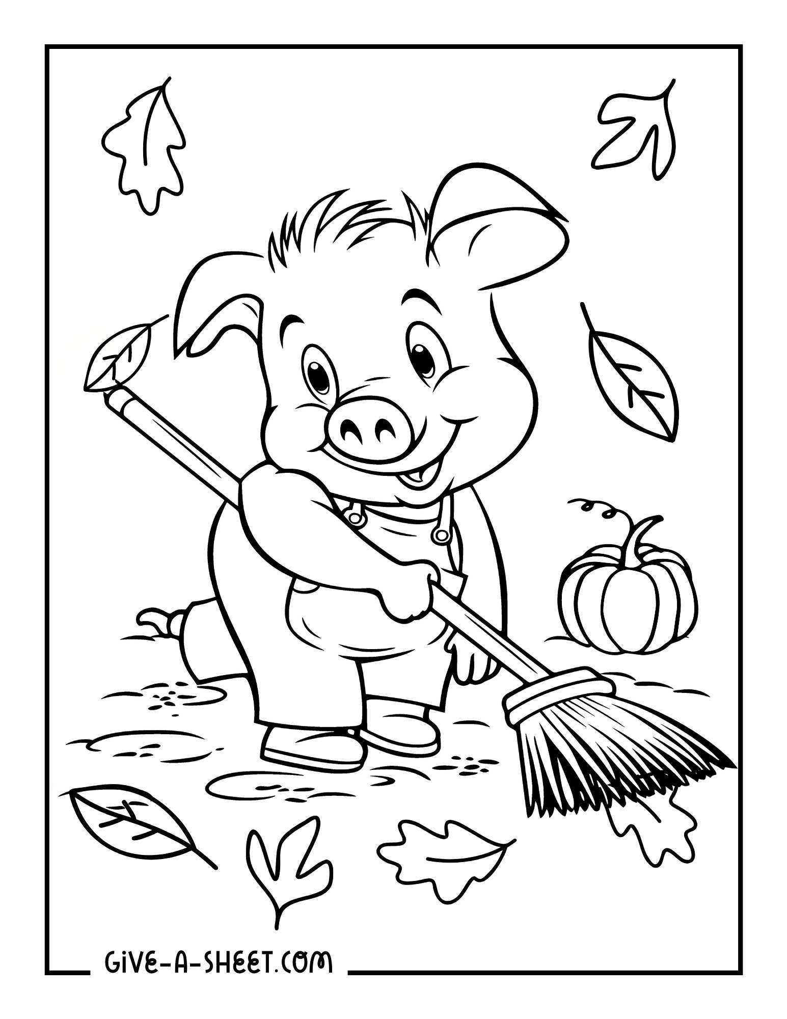 Cute pig raking fall leaf coloring sheet for kids.