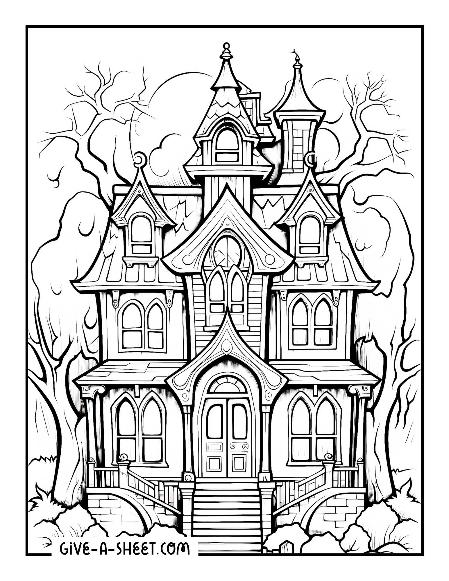 Haunted house with intricate details coloring page.