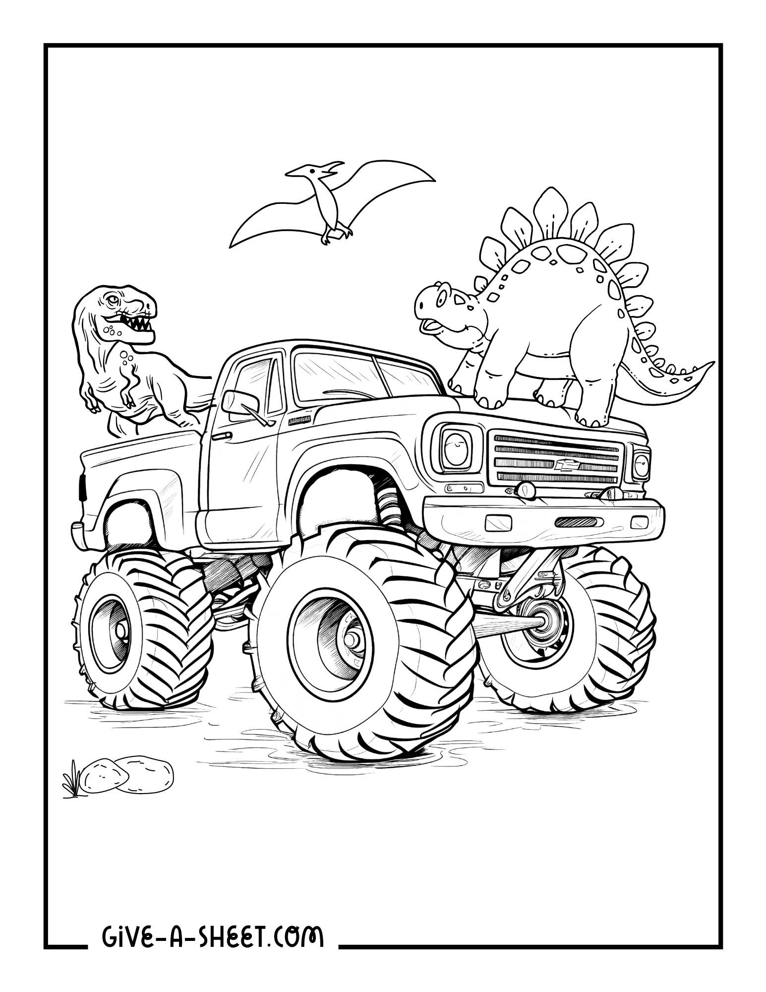 Monster truck racing coloring sheet for kids.