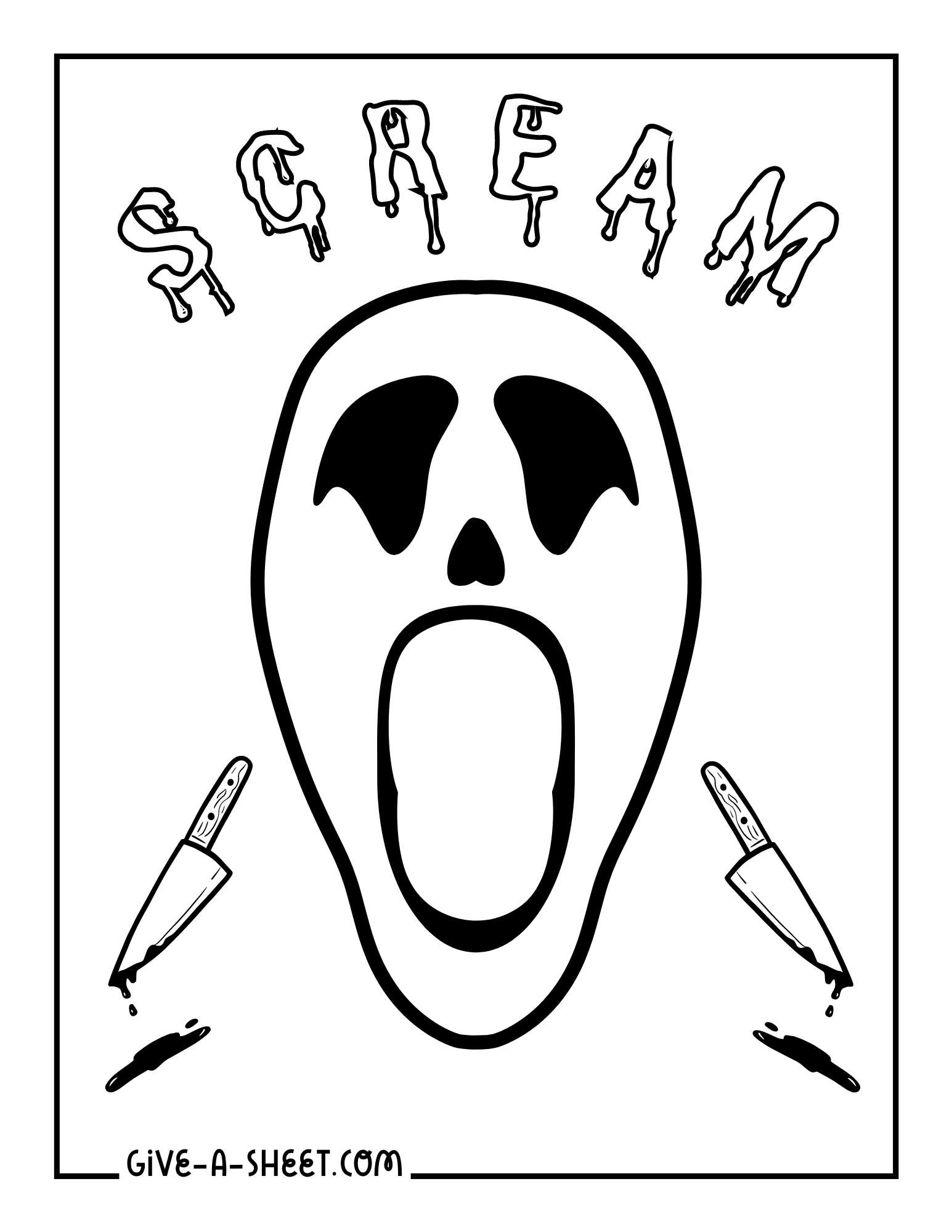 Ghostface scream scary movies illustrations coloring sheet.