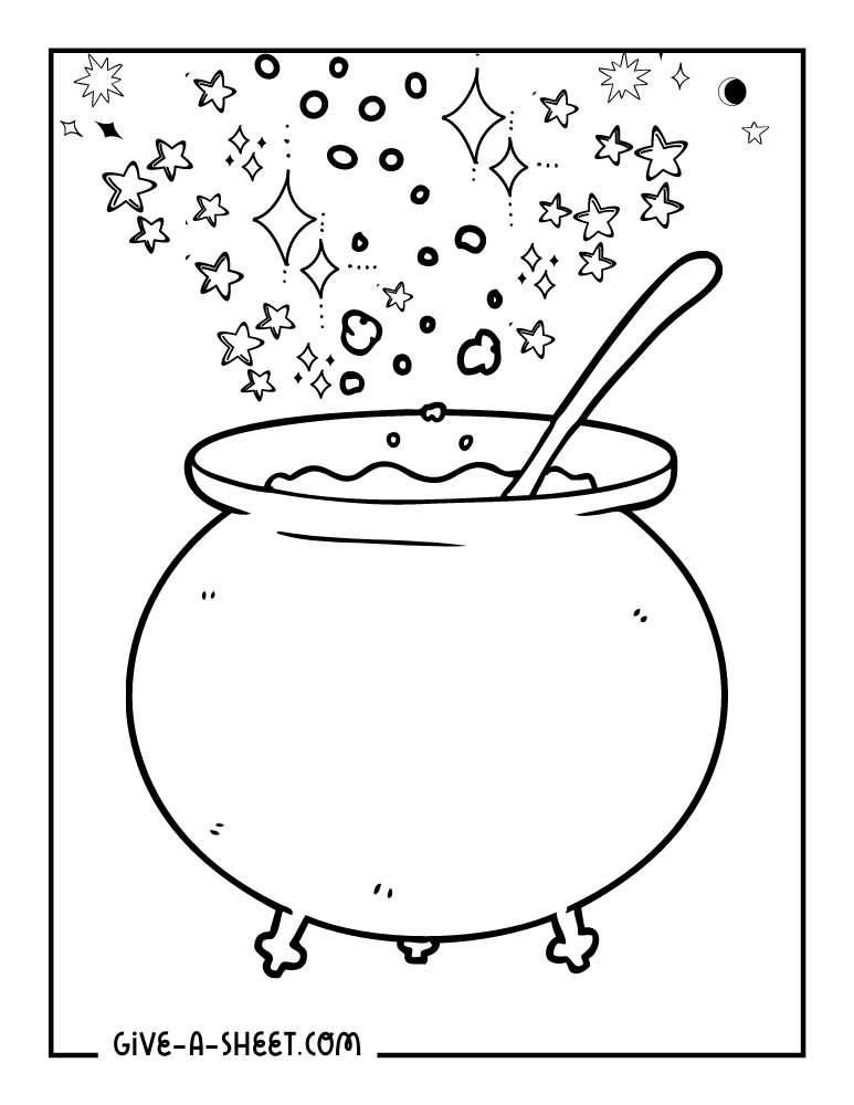 Witch magic cauldron coloring page for kids.