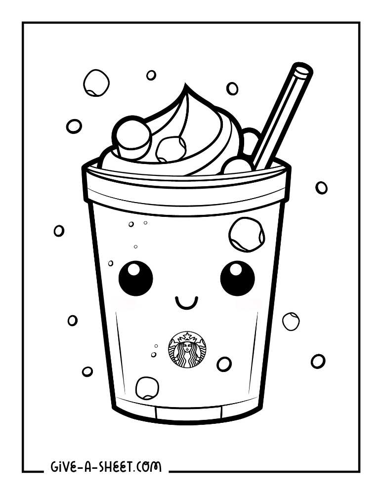 Easy Macha Frappuccino with whip cream Starbucks coloring sheet for kids.