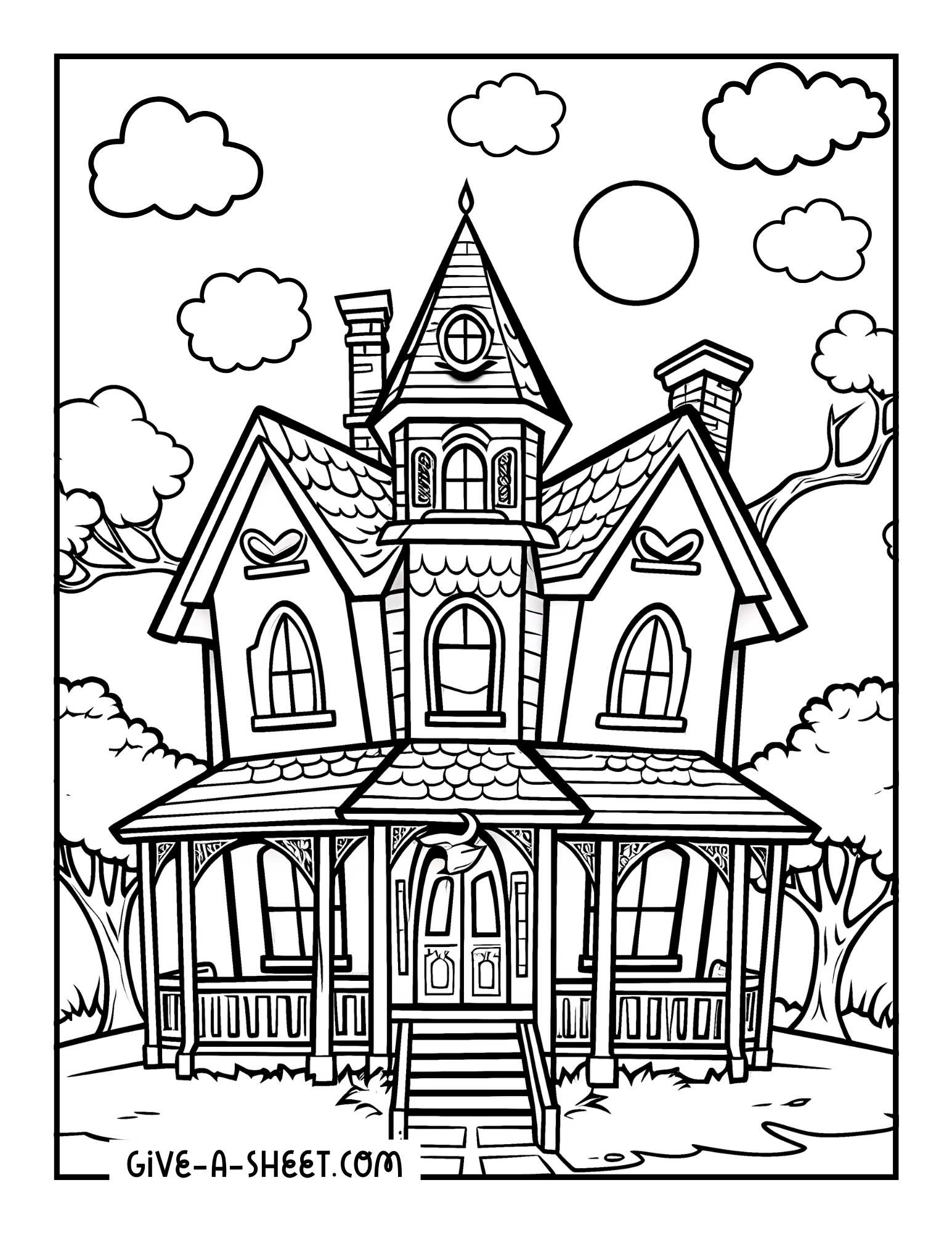 Haunted house with small details to color in.