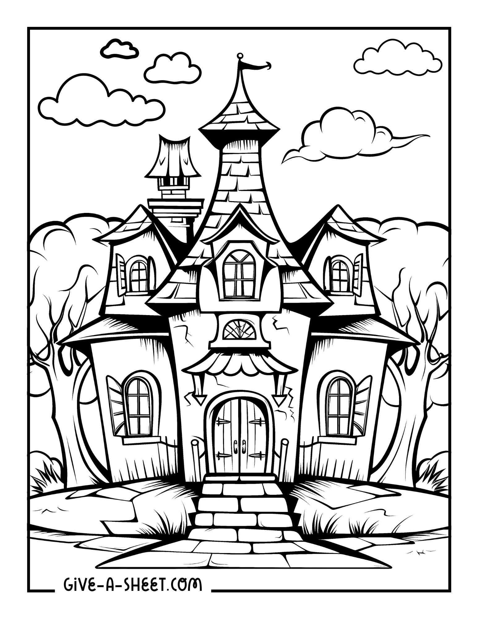 Haunted house with dark colors coloring page.
