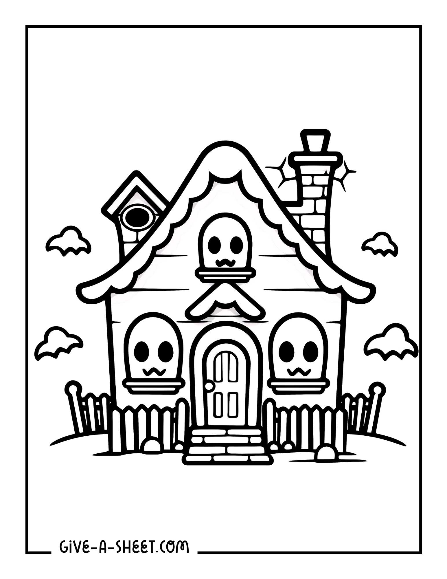 Haunted house with ghosts coloring page for kids.
