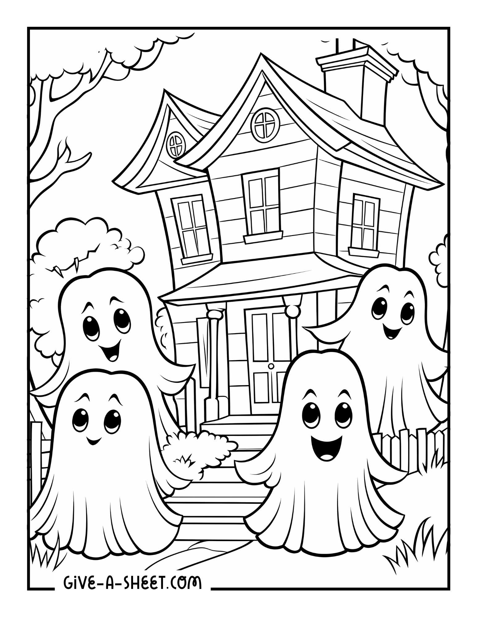 Spooky house with cute ghosts coloring sheet.