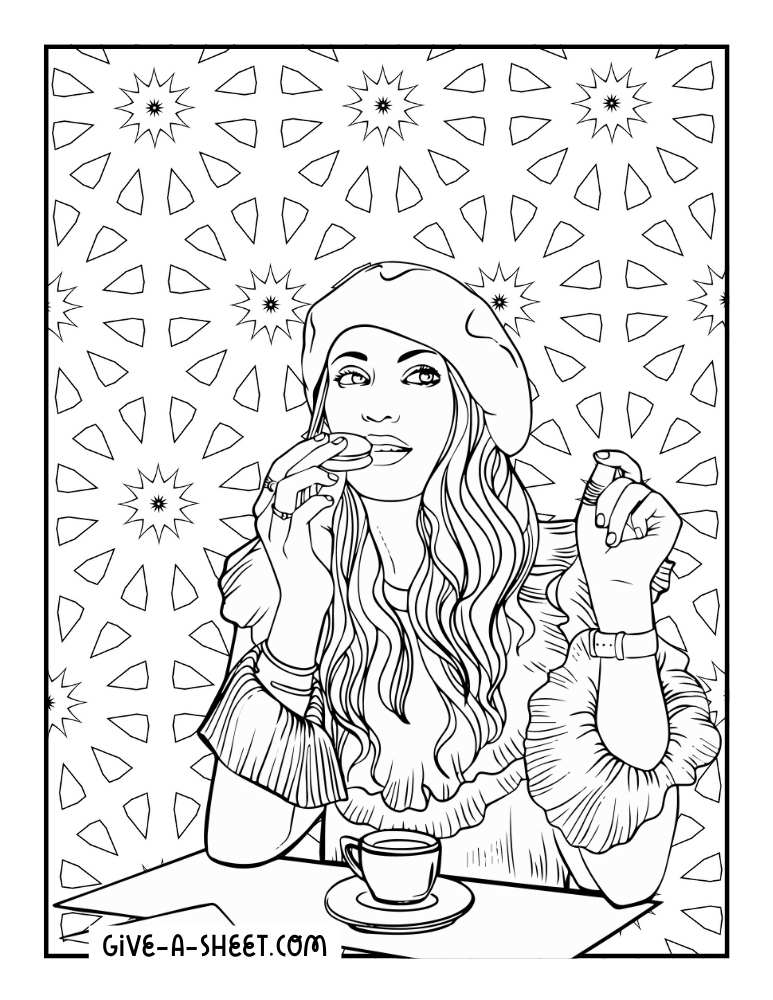 A woman eating a chocolate chip cookie and a cup of hot espresso coloring sheet for adults.