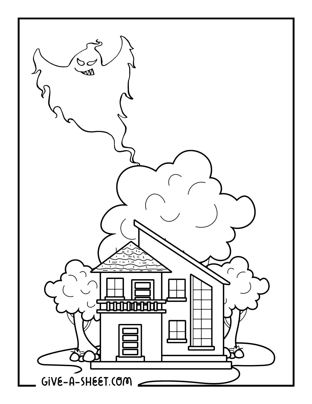 Scary ghosts halloween haunted houses coloring sheet.