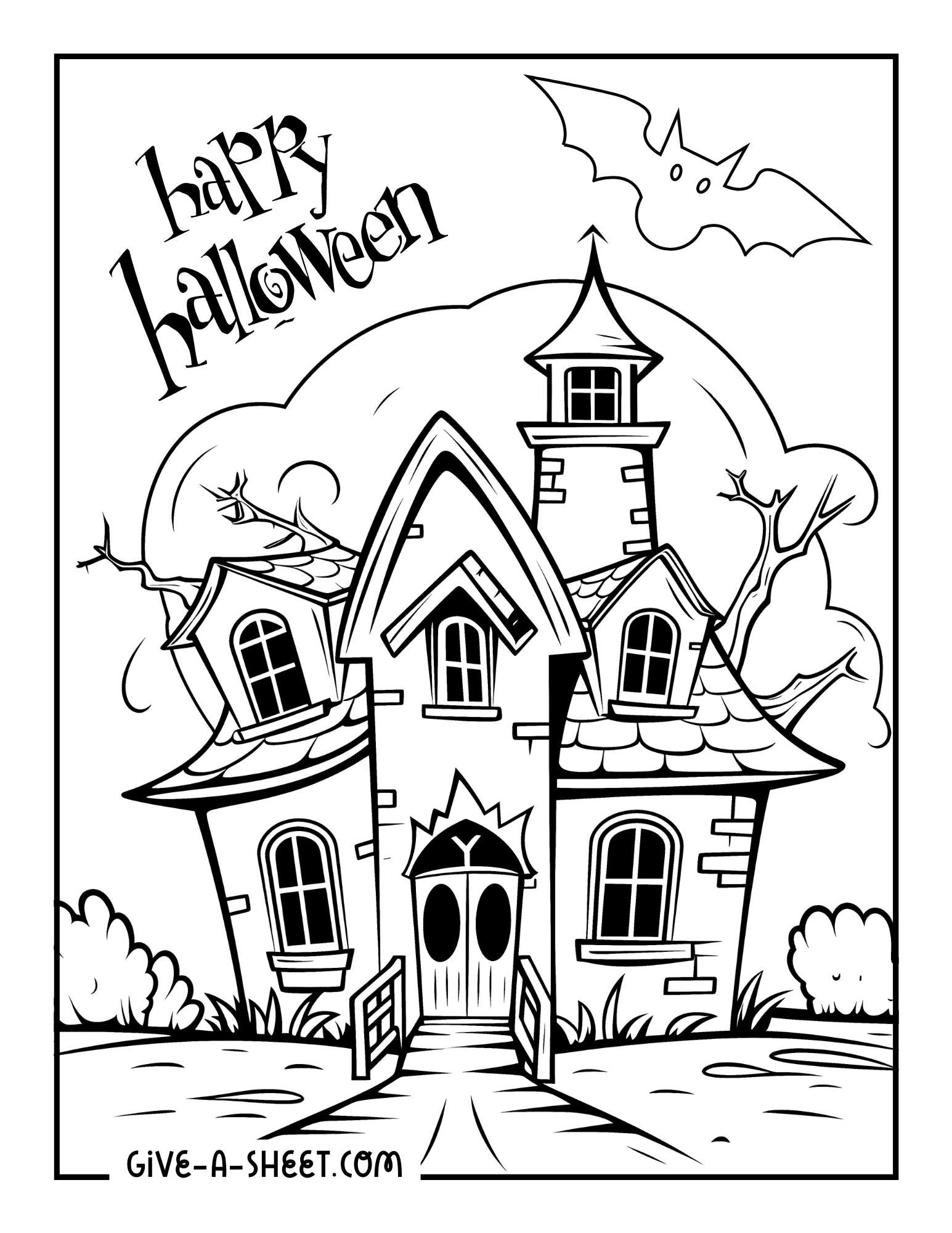 Easy halloween haunted mansion to color in.