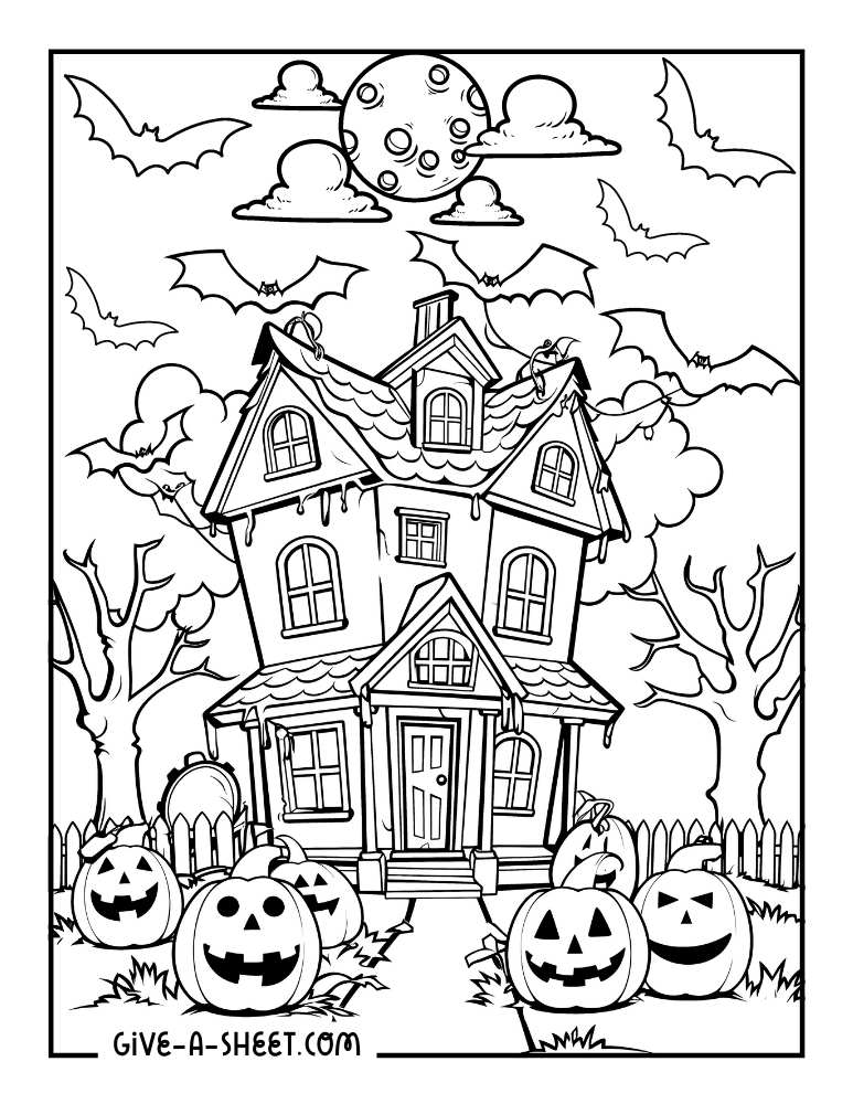 Halloween pumpkin patches house to color for kids.