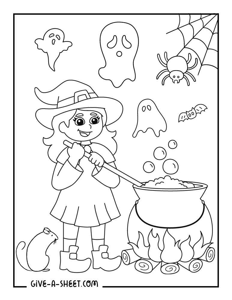 Witch mixing a cauldron doing magic rituals coloring page.