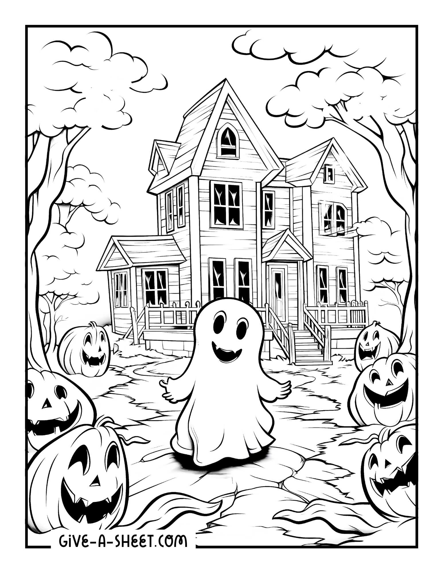 Cute ghosts on a haunted house coloring sheet.