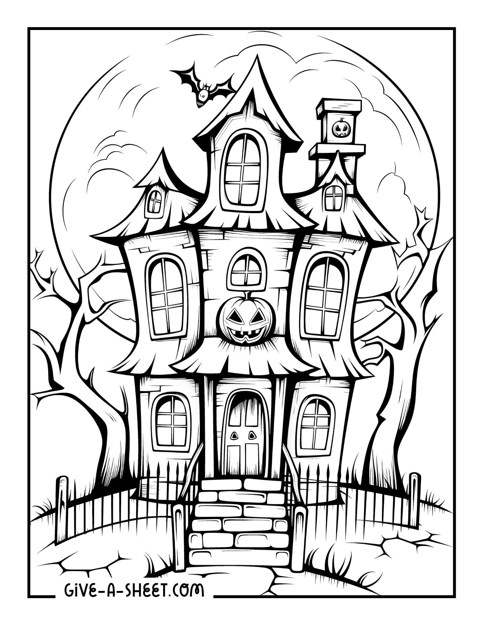 Spooky Jack o lantern on a haunted mansion coloring sheet.