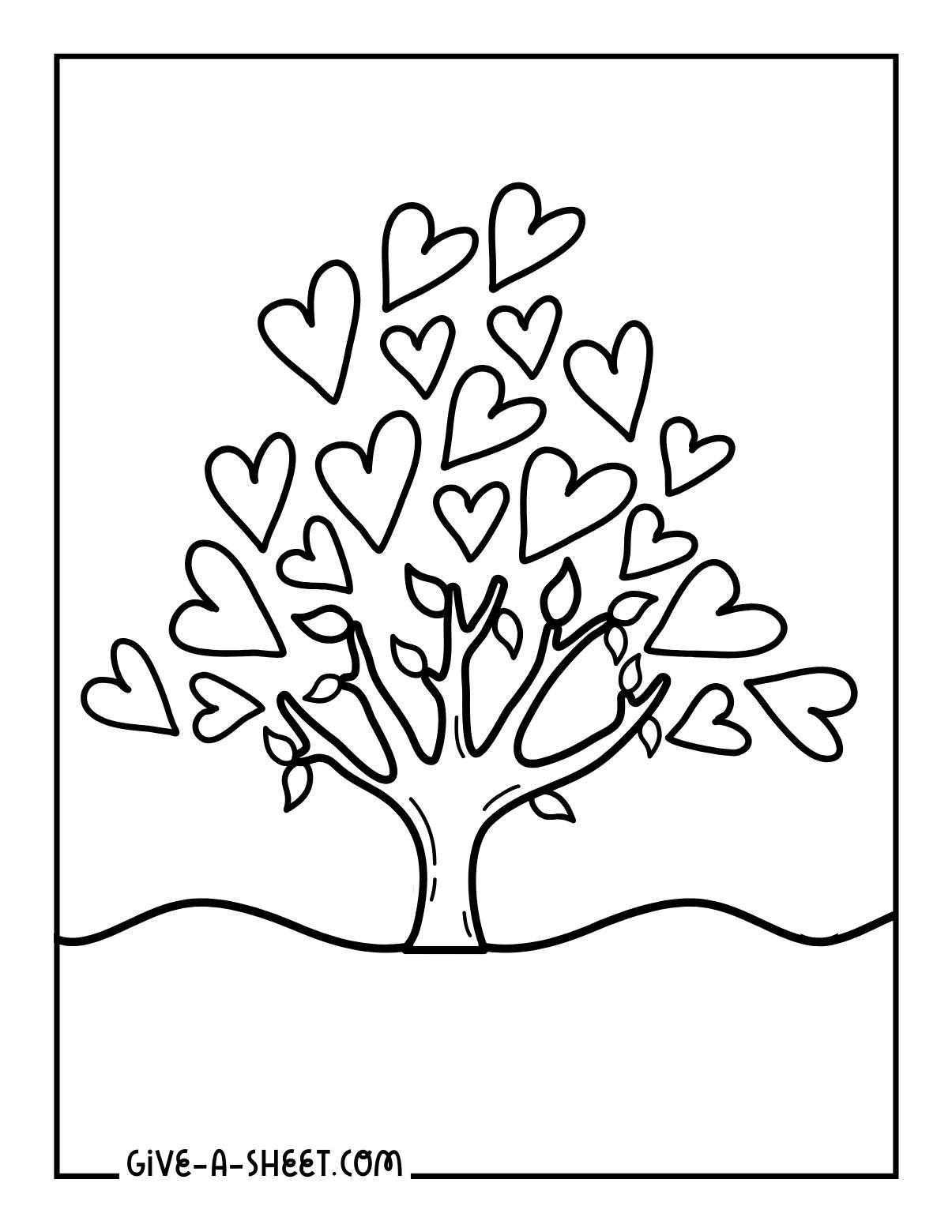 Unique tree of life hearts coloring sheet for kids.