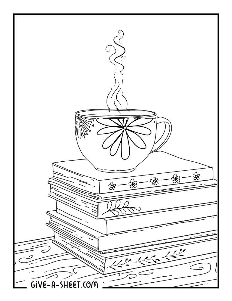 Starbucks cup on a stack of books coloring page for kids.